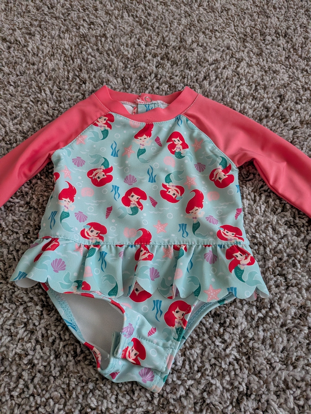 Disney Kids' Ariel Ruffle One-Piece Swimsuit - Aqua and Coral Size 0/3 Months